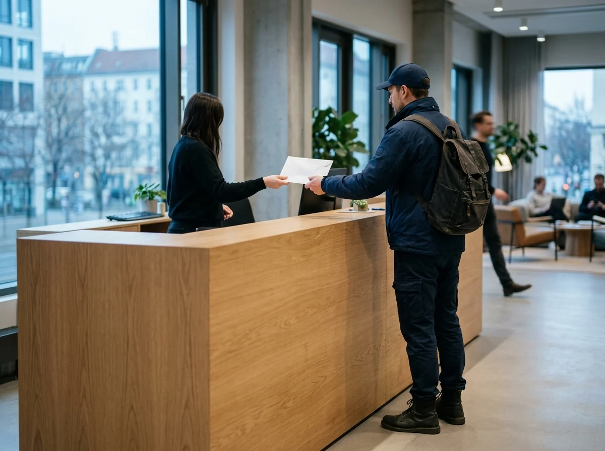 Kurier übergibt einen weißen Dokumentenumschlag an einer Empfangstheke im Büro