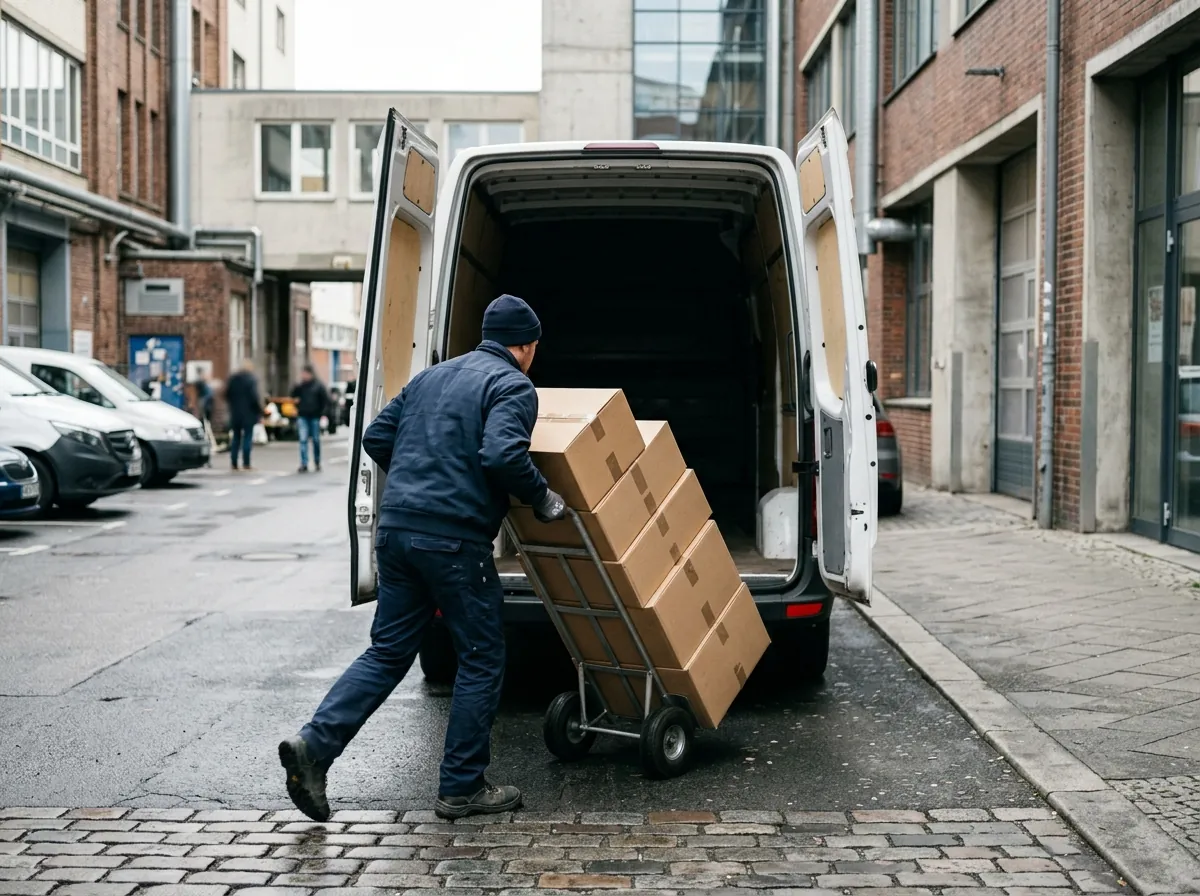 Mitarbeiter schiebt eine Sackkarre mit gestapelten Kartons zu den offenen Hecktüren eines Transporters