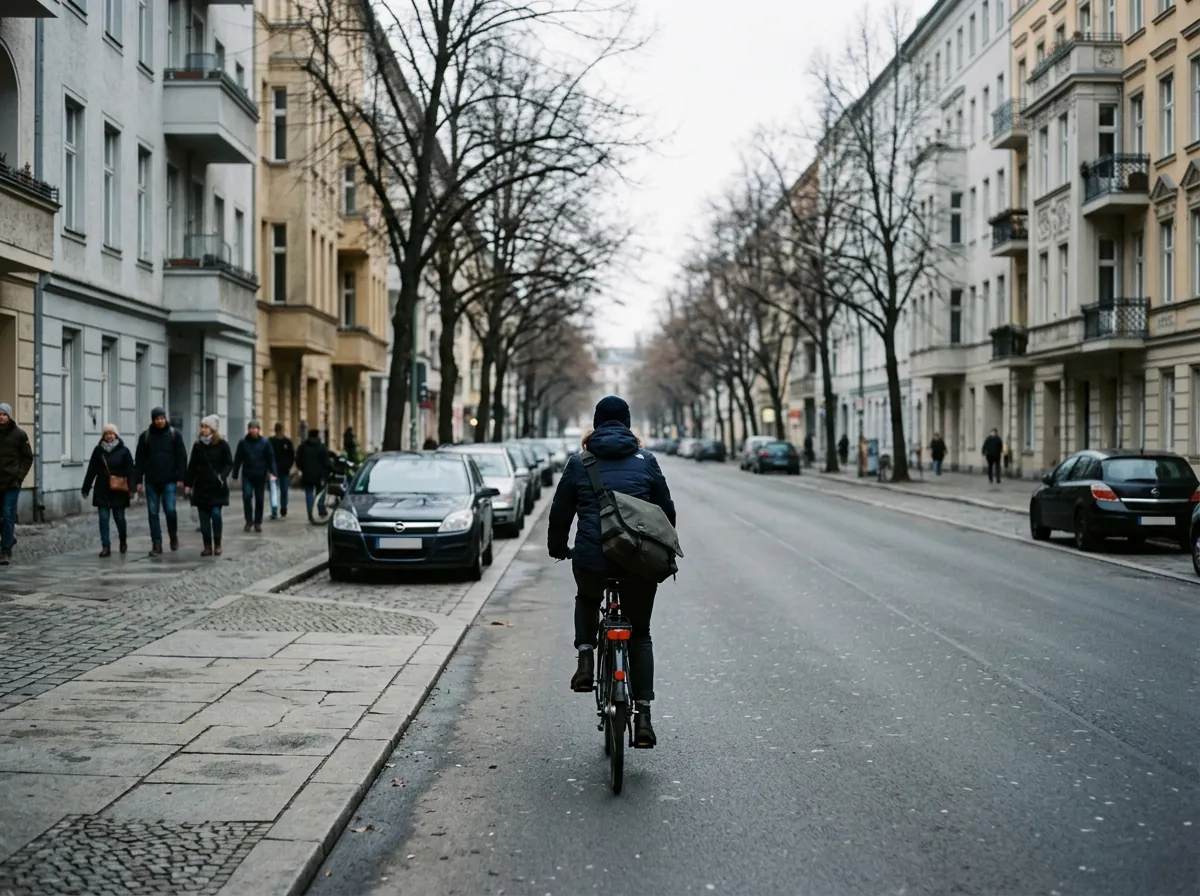 Fahrradkurier mit Umhängetasche unterwegs auf einer Berliner Altbaustraße